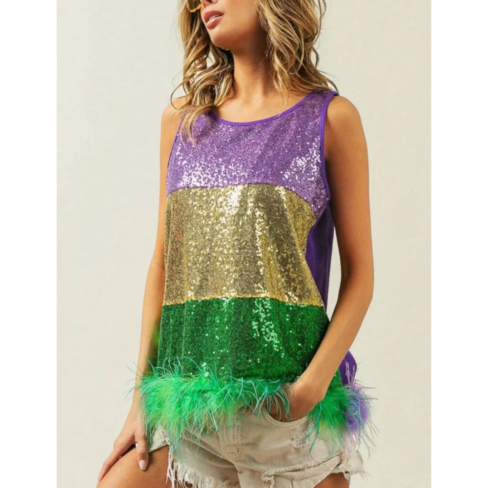 Mardi Gras Color Block Faux Feather Hem Sequin Top